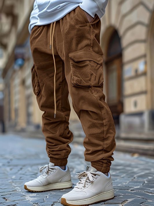 1 stuk heren corduroy cargobroek, tinta unita midden taille met zakken, trekkoord taille, lichte stretch, casual regular fit, comfortabele ademende polyester voering, modieuze dagelijkse broek