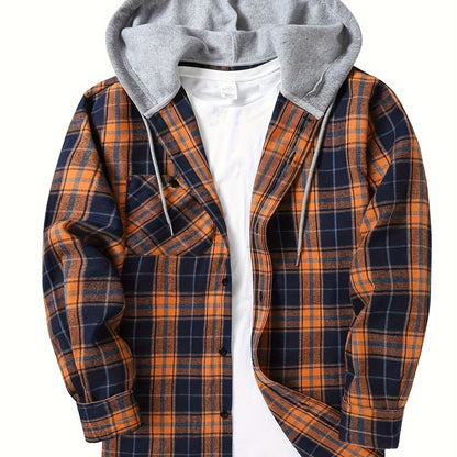 Casual Geruite Herenhoodie met Borstzakje en Verstelbare Trekkoord - Lange Mouwen, Knoopsluiting in Groen/Zwart/Grijs voor Lente & Herfst