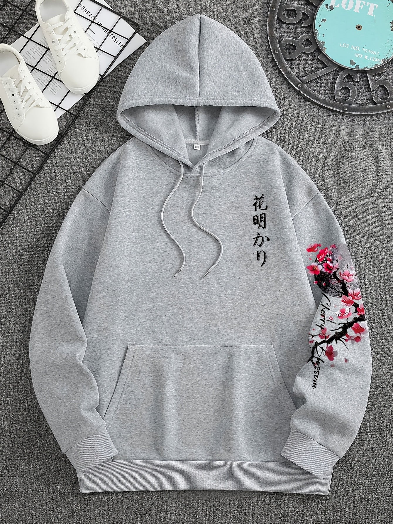 Herensweater met Kersenbloesemprint - Gezellige Fleece-gevoerde Casual Pullover met Zakken, Losse Pasvorm, Lange Mouwen, Groen