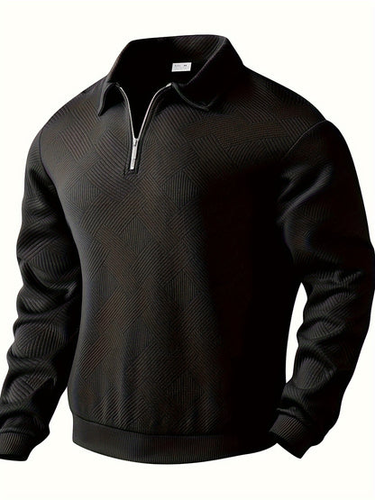 Heren Casual Henley Pullover Trui - Geometrisch Patroon Gebreide Stof met Rits, Polyester & Elastaan Blend, Revers Kraag, Lichte Stretch voor Herfst/Winter