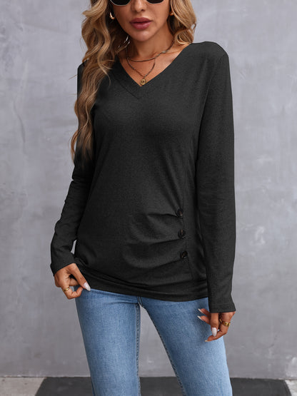 Elegante dames v-hals t-shirt met lange mouwen en knoopdetail - 100% polyester breisel, tinta unita, normale lengte voor lente en herfst