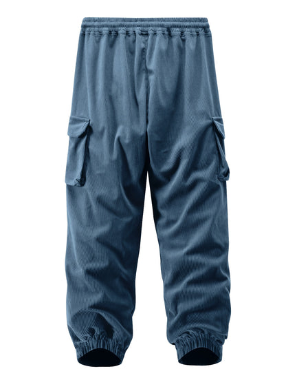 1 stuk heren corduroy cargobroek, tinta unita midden taille met zakken, trekkoord taille, lichte stretch, casual regular fit, comfortabele ademende polyester voering, modieuze dagelijkse broek