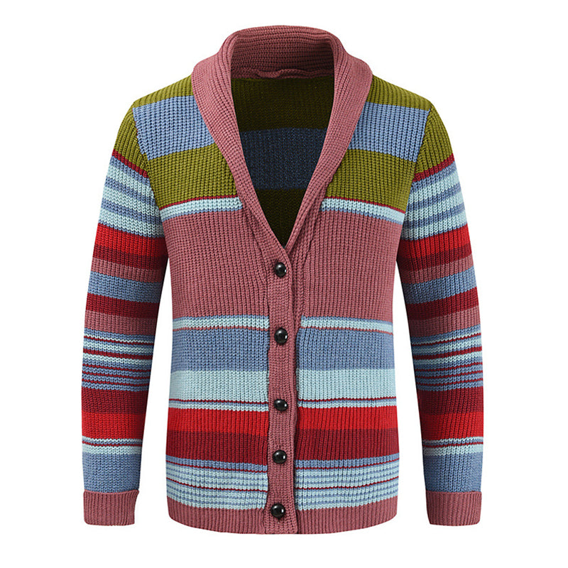 Heren Gestreepte Cardigan met Revers Knoopsluiting