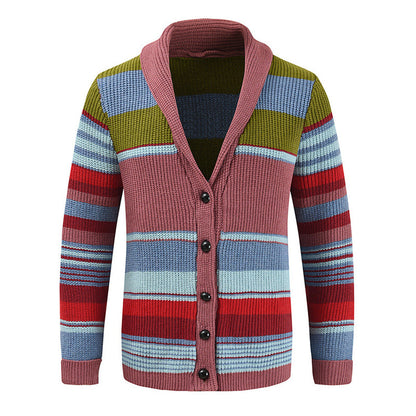 Heren Gestreepte Cardigan met Revers Knoopsluiting