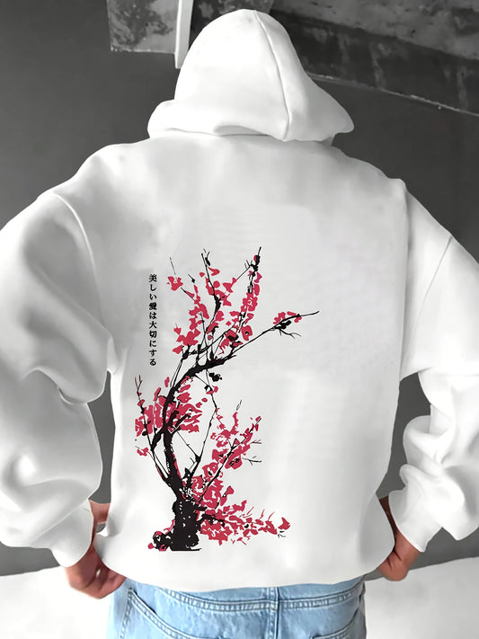 Heren Casual Hoodie met Kersenbloesem Print, 100% Polyester Breiselstof, Lichte Stretch, Losse Pasvorm, Lente/Herfst Weekendkleding, 250g/m² - Wit