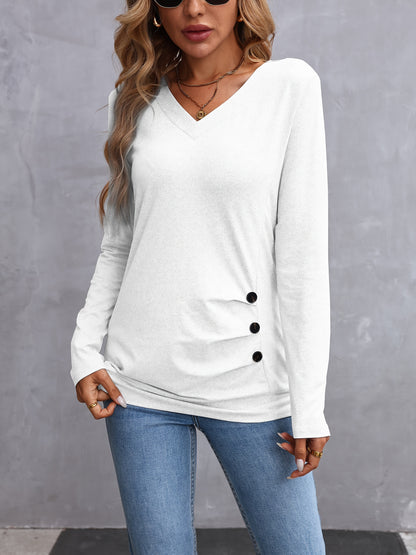 Elegante dames v-hals t-shirt met lange mouwen en knoopdetail - 100% polyester breisel, tinta unita, normale lengte voor lente en herfst