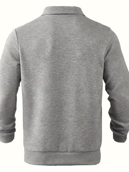 Heren Casual Henley Pullover Trui - Geometrisch Patroon Gebreide Stof met Rits, Polyester & Elastaan Blend, Revers Kraag, Lichte Stretch voor Herfst/Winter