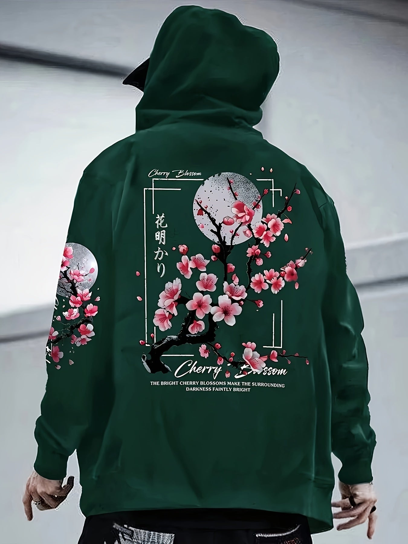 Herensweater met Kersenbloesemprint - Gezellige Fleece-gevoerde Casual Pullover met Zakken, Losse Pasvorm, Lange Mouwen, Groen
