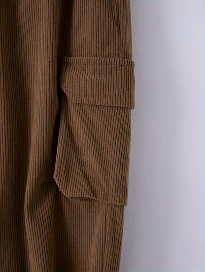 1 stuk heren corduroy cargobroek, tinta unita midden taille met zakken, trekkoord taille, lichte stretch, casual regular fit, comfortabele ademende polyester voering, modieuze dagelijkse broek
