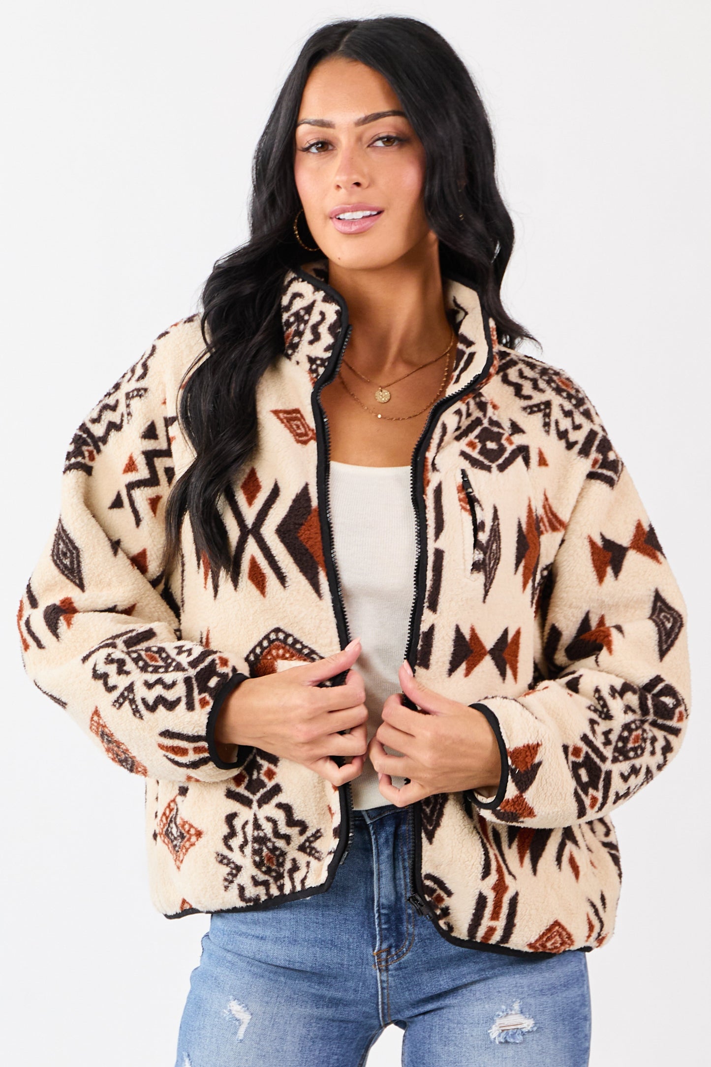 Dames Sherpa Jack met Rits | Aztec Print