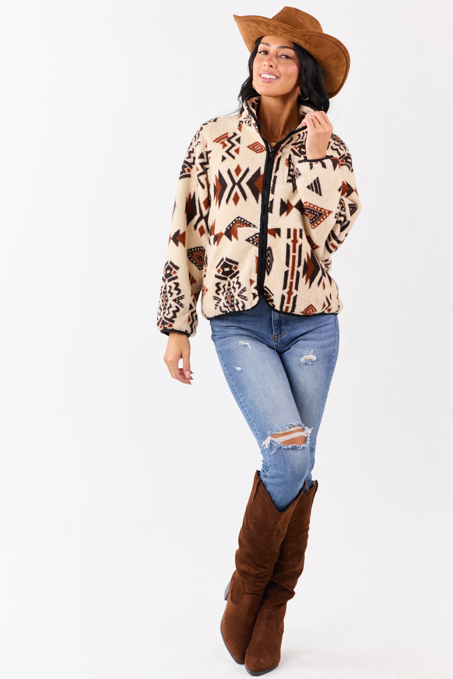 Dames Sherpa Jack met Rits | Aztec Print