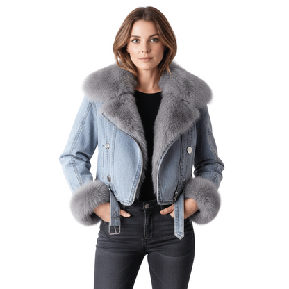 Dames denim jas met imitatiebontvoering