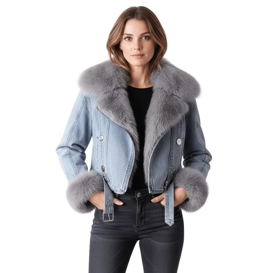 Dames denim jas met imitatiebontvoering