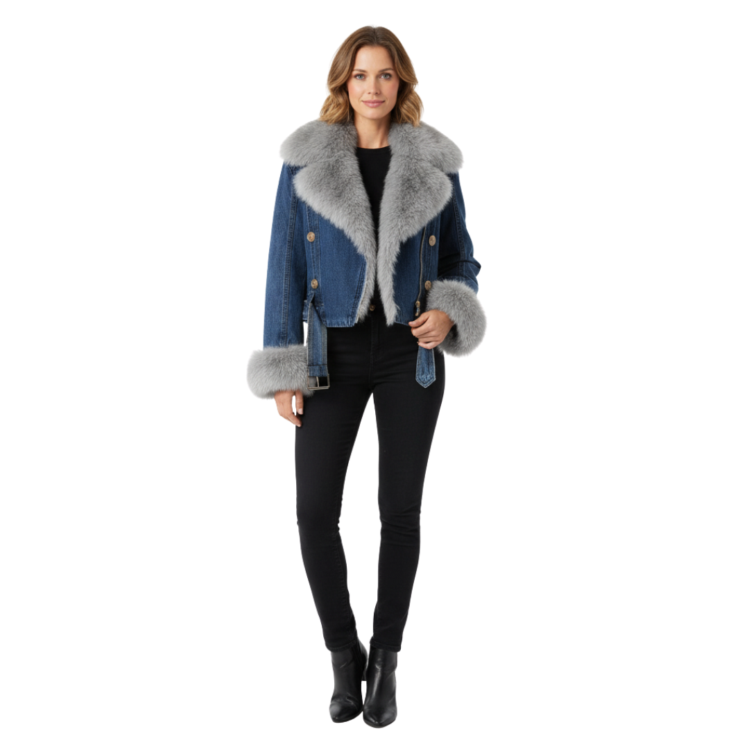 Dames denim jas met imitatiebontvoering