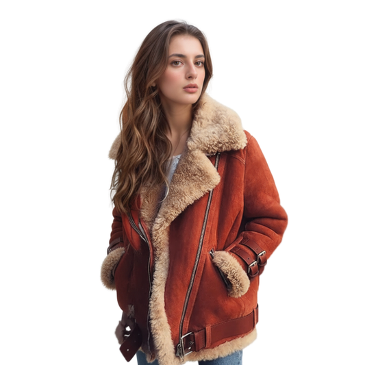 Dames aviatorjack met faux shearling & gespen