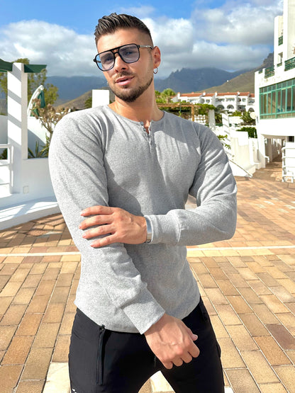 Heren Henley Longsleeve Ribgebreid | Knoopsluiting