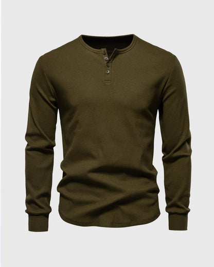 Heren Henley Longsleeve Ribgebreid | Knoopsluiting