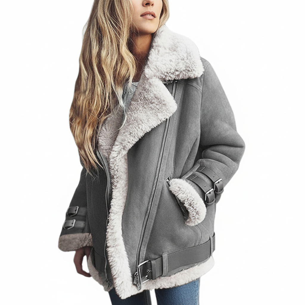 Dames aviatorjack met faux shearling & gespen
