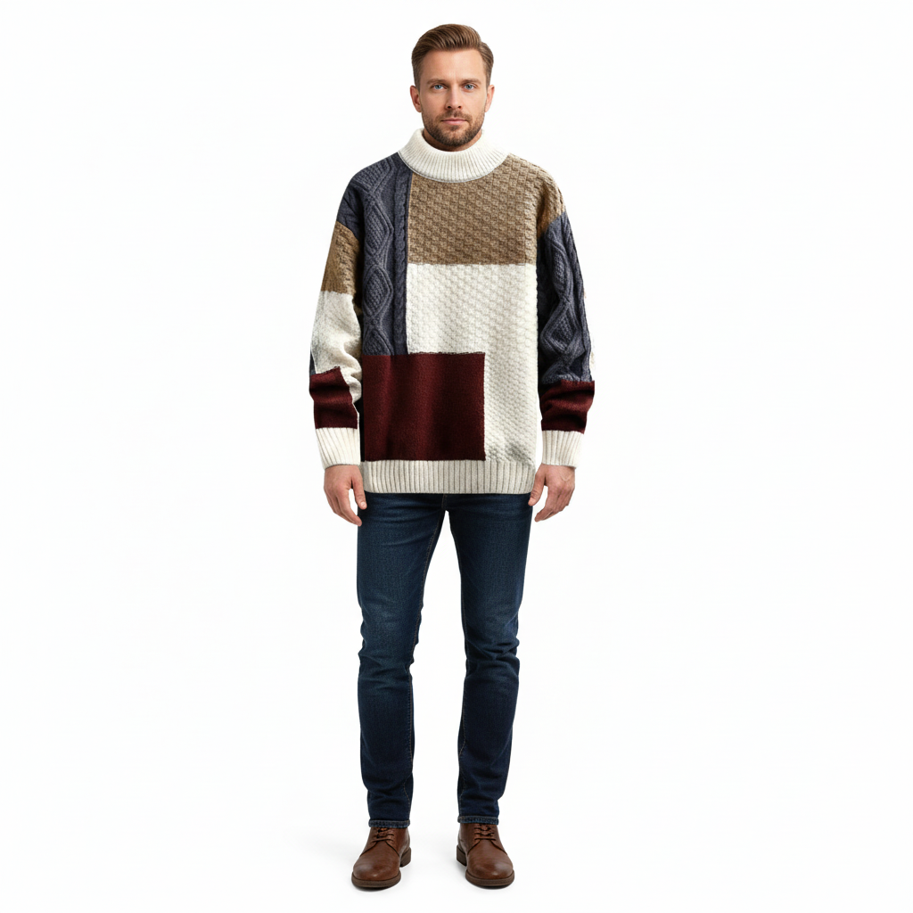 Heren trui met losse pasvorm en patchwork