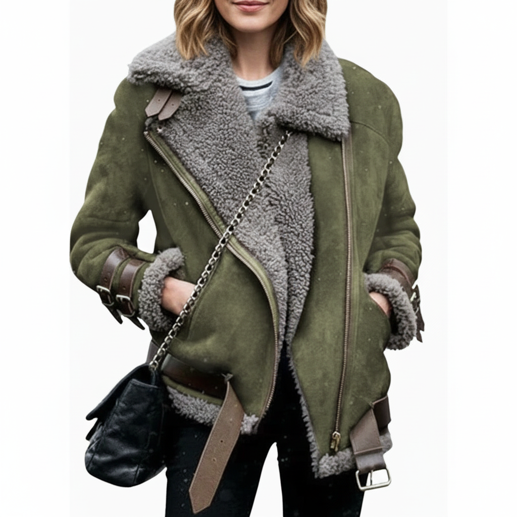 Dames aviatorjack met faux shearling & gespen