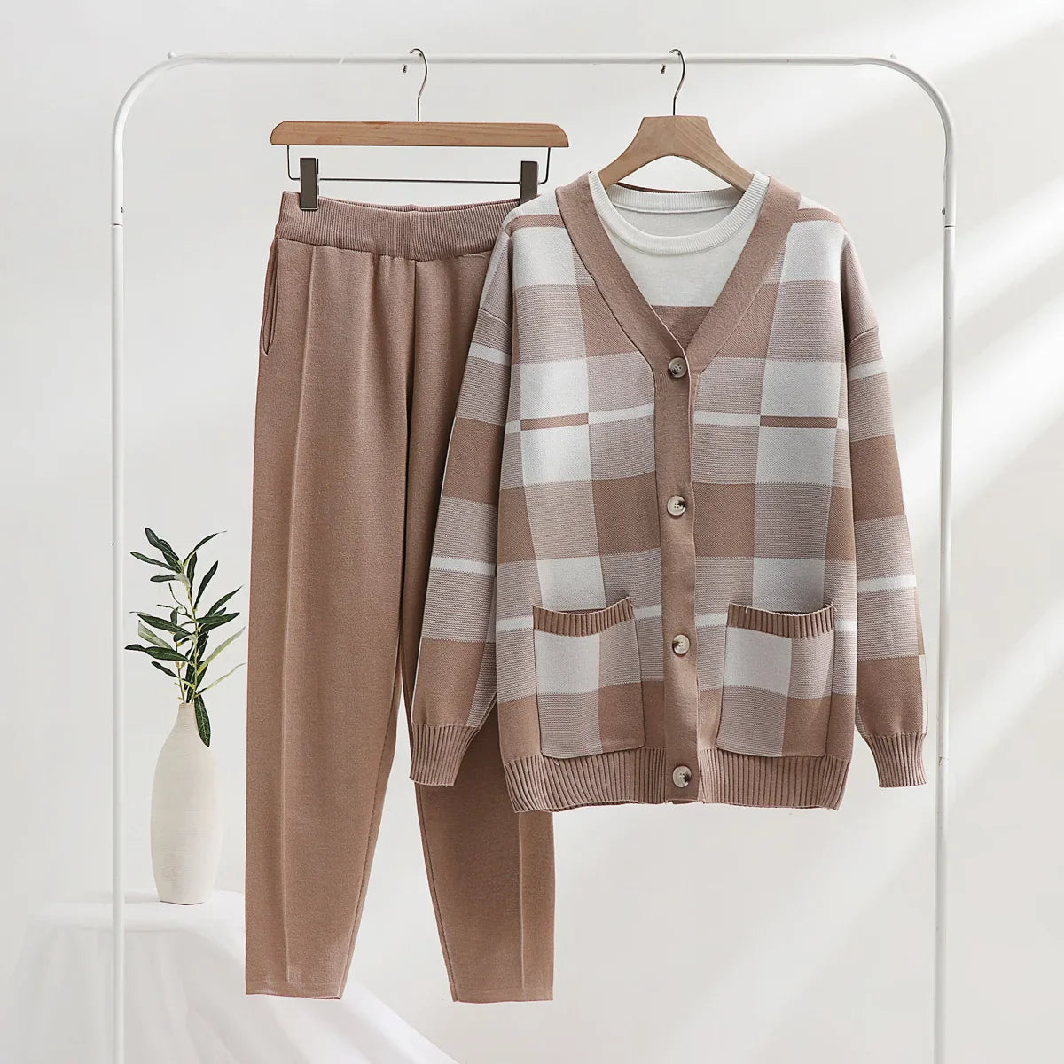 Dames Gebreide 3-delige Set | Cardigan, Top & Broek