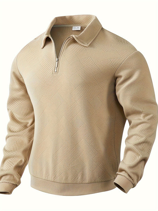 Heren Casual Henley Pullover Trui - Geometrisch Patroon Gebreide Stof met Rits, Polyester & Elastaan Blend, Revers Kraag, Lichte Stretch voor Herfst/Winter