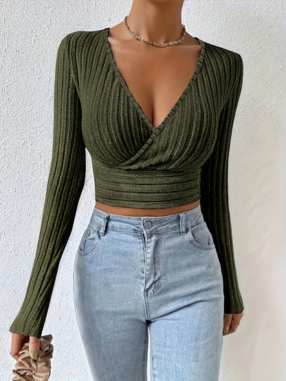 Geribbeld Cropped T-shirt Met Hoge Hals, Casual T-shirt Met Lange Mouwen Voor Lente En Herfst, Dameskleding