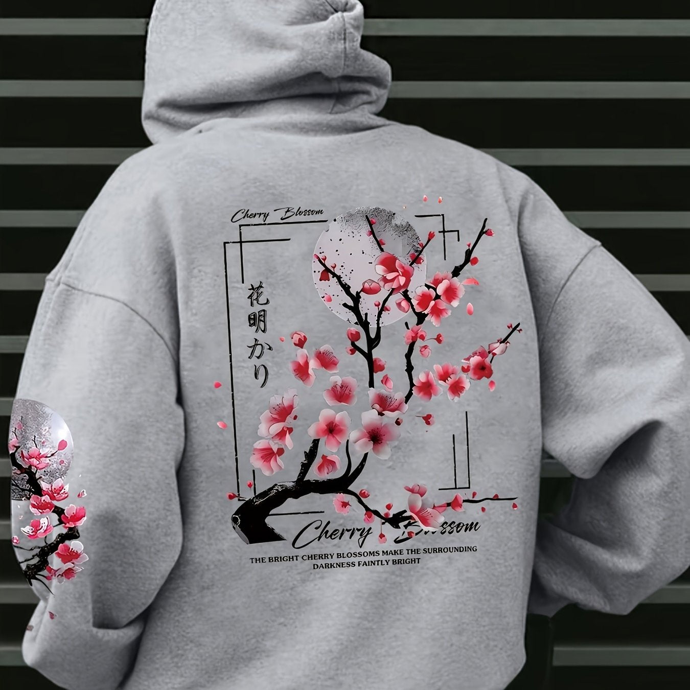 Herensweater met Kersenbloesemprint - Gezellige Fleece-gevoerde Casual Pullover met Zakken, Losse Pasvorm, Lange Mouwen, Groen