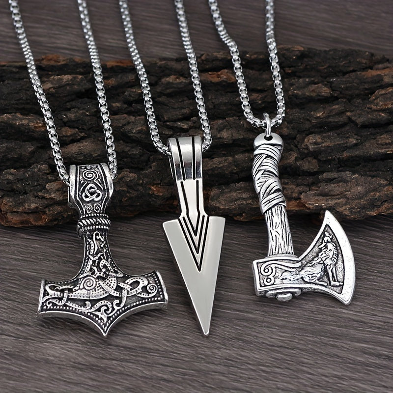 3 stuks Viking kettingen voor mannen - Viking hamer Noorse kompas Keltische knoop Wolf bijl hanger Noordse amulet hanger ketting vakantie, vaderdagcadeau sieraden cadeau