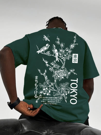 Heren Casual T-Shirt met Bloemen- & Vogelprint - Ademend Polyester, Ronde Hals, Korte Mouwen - Perfect voor de Zomer