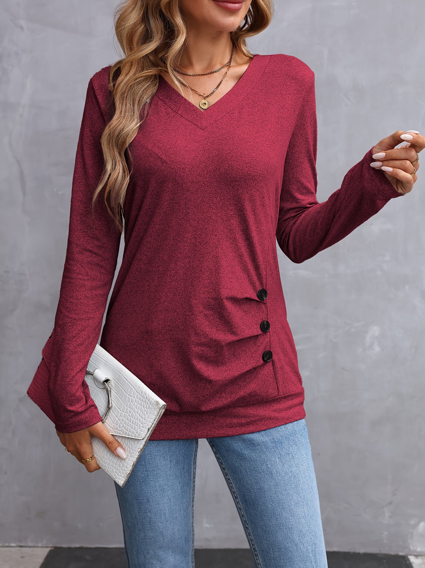 Elegante dames v-hals t-shirt met lange mouwen en knoopdetail - 100% polyester breisel, tinta unita, normale lengte voor lente en herfst