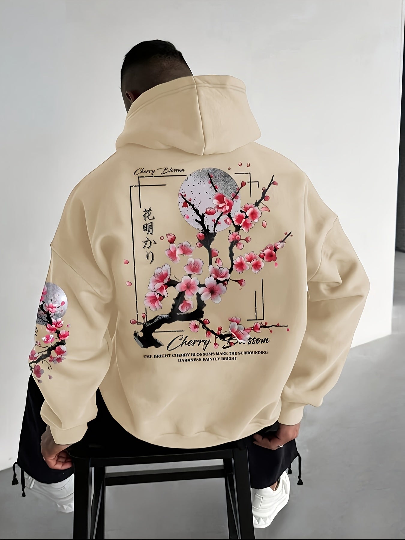 Herensweater met Kersenbloesemprint - Gezellige Fleece-gevoerde Casual Pullover met Zakken, Losse Pasvorm, Lange Mouwen, Groen