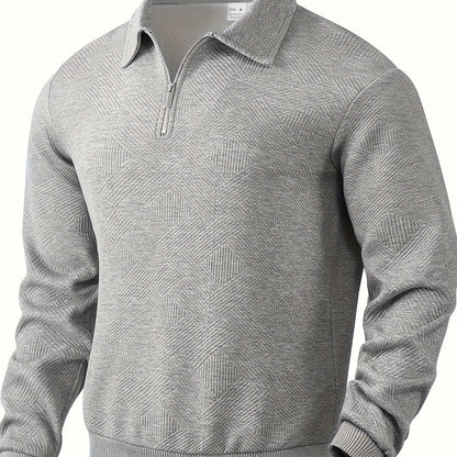 Heren Casual Henley Pullover Trui - Geometrisch Patroon Gebreide Stof met Rits, Polyester & Elastaan Blend, Revers Kraag, Lichte Stretch voor Herfst/Winter