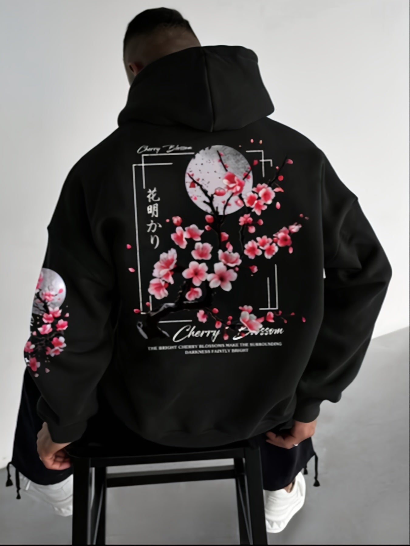 Herensweater met Kersenbloesemprint - Gezellige Fleece-gevoerde Casual Pullover met Zakken, Losse Pasvorm, Lange Mouwen, Groen
