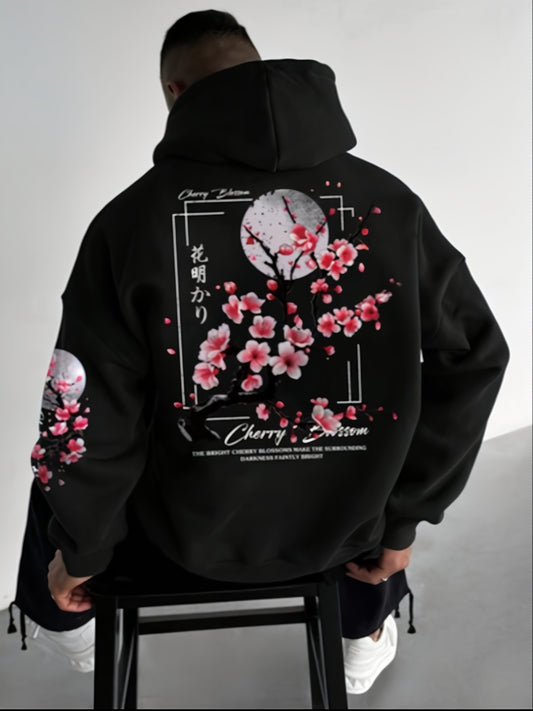 Herensweater met Kersenbloesemprint - Gezellige Fleece-gevoerde Casual Pullover met Zakken, Losse Pasvorm, Lange Mouwen, Groen