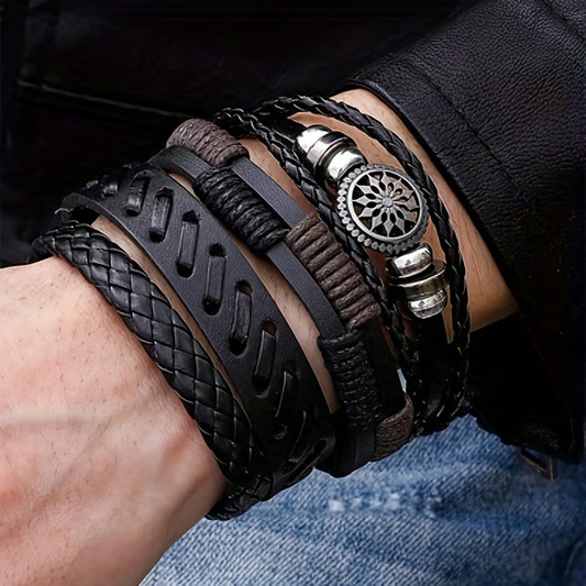 4 Stuks/set Modieuze Vintage Imitatie Leren Geweven Handgemaakte Polsheren Mannen Charm Polsheren