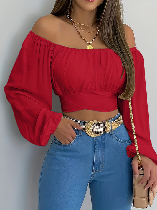 Stevige Kruis Terug Crop Blouse, Casual Schouderloze Lange Mouw Top, Dameskleding Voor Coquette/Schattige/Y2K Stijl