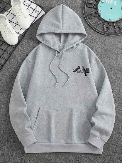 1pc Heren Casual French Terry Hoodie met Tokyo Print, Geometrisch Patroon, Niet-Stretch Breisel, Losse Pasvorm, Normale Lengte, Capuchon Kraag en Zak Detail