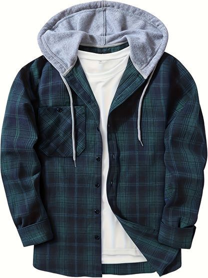 Casual Geruite Herenhoodie met Borstzakje en Verstelbare Trekkoord - Lange Mouwen, Knoopsluiting in Groen/Zwart/Grijs voor Lente & Herfst