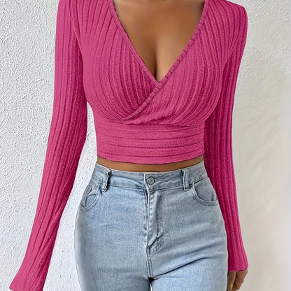 Geribbeld Cropped T-shirt Met Hoge Hals, Casual T-shirt Met Lange Mouwen Voor Lente En Herfst, Dameskleding
