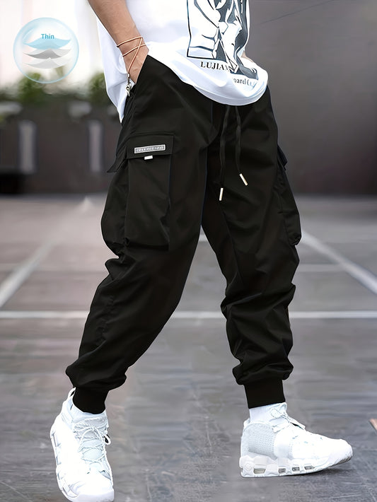 Lichtgewicht Ontwerp| Heren Olijfgroene Cargo Broek - Lichtgewicht Polyester, Casual Stijl met Meerdere Zakken en Trekkoord Taille, Perfect voor Lente/Herfst, Lente Herfst Kleding|Trekkoord Tailleband|Gladde Textuur Stof