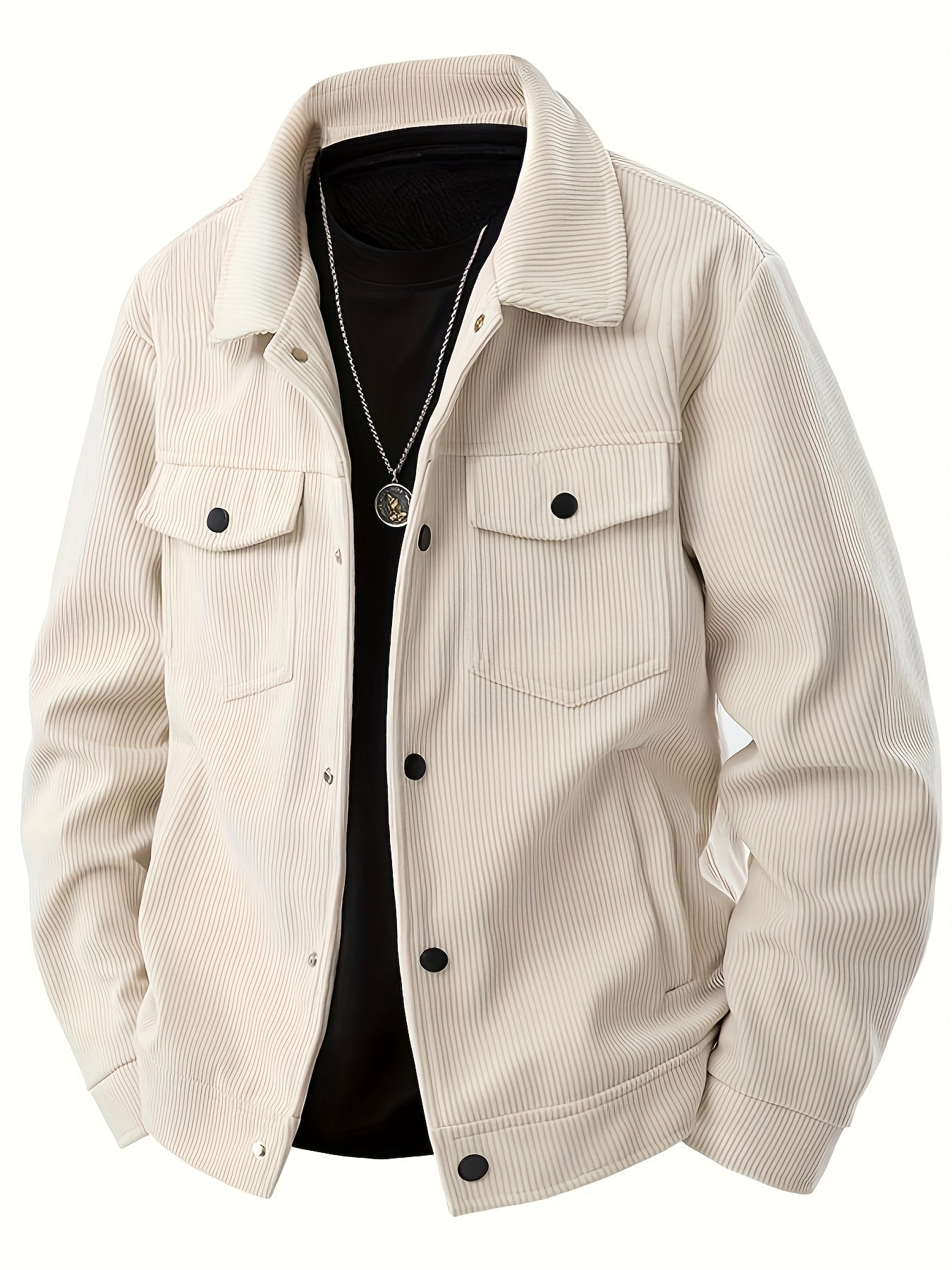 Herencorduroy Cargojack - Zwart, Ontwerp met Meerdere Zakken en Klepzakken, Knoopsluiting, Lange Mouwen, Casual Stijl, Machinewasbaar, Polyester Materiaal
