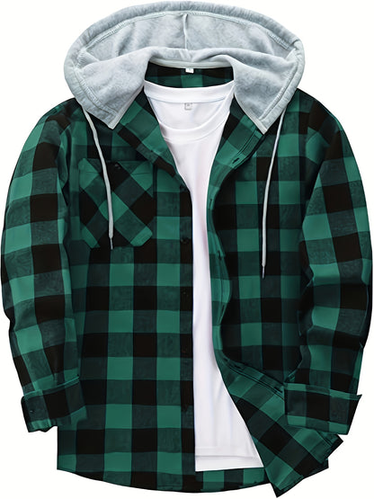 Casual Geruite Herenhoodie met Borstzakje en Verstelbare Trekkoord - Lange Mouwen, Knoopsluiting in Groen/Zwart/Grijs voor Lente & Herfst