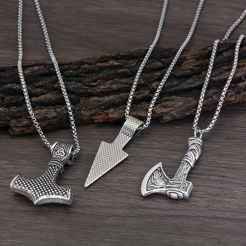 3 stuks Viking kettingen voor mannen - Viking hamer Noorse kompas Keltische knoop Wolf bijl hanger Noordse amulet hanger ketting vakantie, vaderdagcadeau sieraden cadeau
