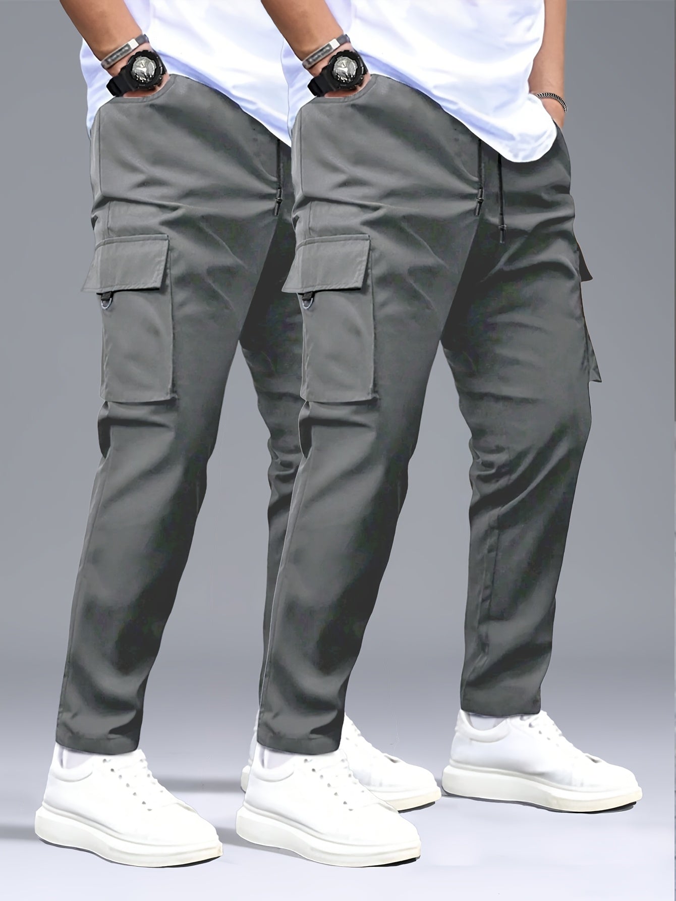 2 stuks Heren Cargo Broeken, Zwart & Grijs met Trekkoord Taille en Meerdere Zakken, Duurzaam Polyester, Ideaal voor Buitenactiviteiten en Casual Dragen, Casual Broeken | Ontwerp met Meerdere Zakken | Duurzame Stof Broeken