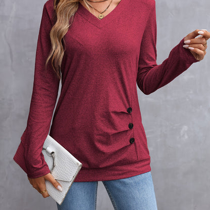 Elegante dames v-hals t-shirt met lange mouwen en knoopdetail - 100% polyester breisel, tinta unita, normale lengte voor lente en herfst