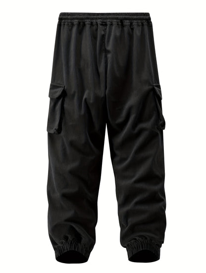 1 stuk heren corduroy cargobroek, tinta unita midden taille met zakken, trekkoord taille, lichte stretch, casual regular fit, comfortabele ademende polyester voering, modieuze dagelijkse broek