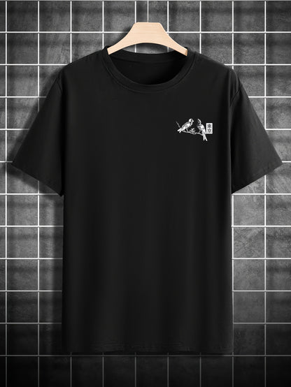 Heren Casual T-Shirt met Bloemen- & Vogelprint - Ademend Polyester, Ronde Hals, Korte Mouwen - Perfect voor de Zomer