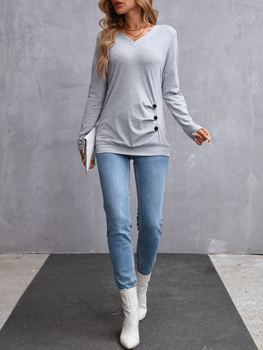 Elegante dames v-hals t-shirt met lange mouwen en knoopdetail - 100% polyester breisel, tinta unita, normale lengte voor lente en herfst