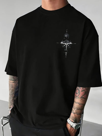 Herent-shirt met Casual Kompasprint - Ademend Polyester, Ronde Hals, Korte Mouwen - Perfect voor de Zomer